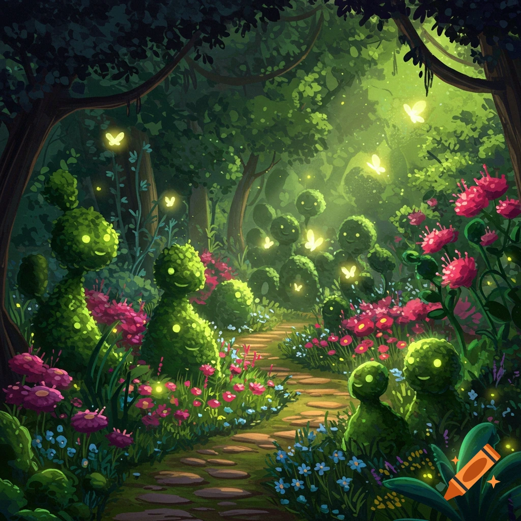 A whimsical path through a magical forest filled with glowing, smiling topiary creatures, colorful flowers, and bright butterflies.