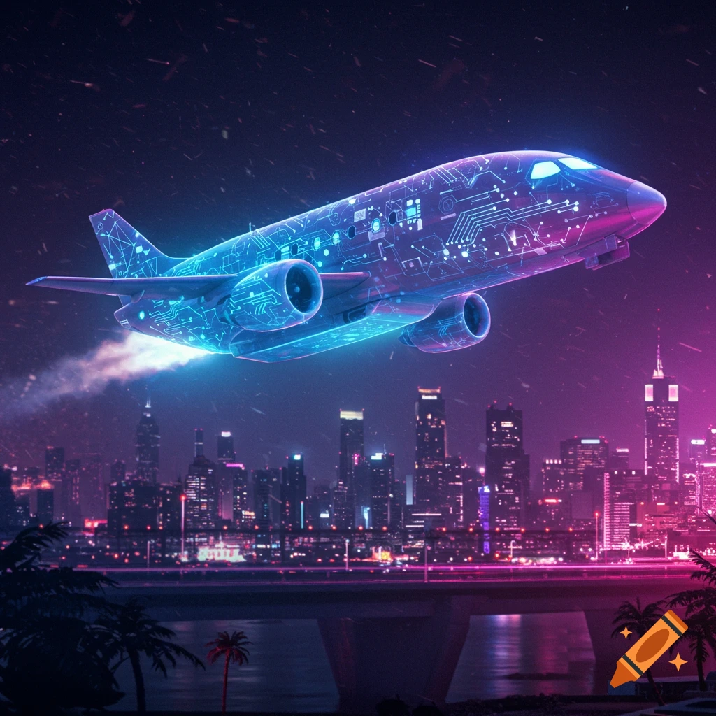 Glowing circuit plane flying over neon cyberpunk city at night.