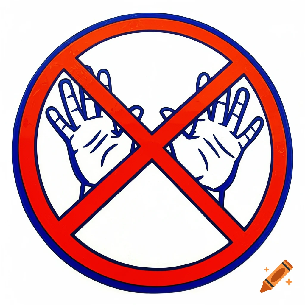 A prohibition sign showing two hands crossed out by a red circle and line.