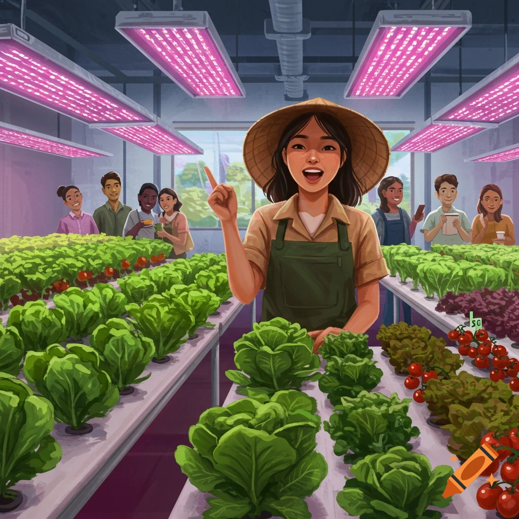 Illustrative image of a woman in a hat pointing in an indoor hydroponic farm with rows of lettuce, tomatoes, and purple grow lights.