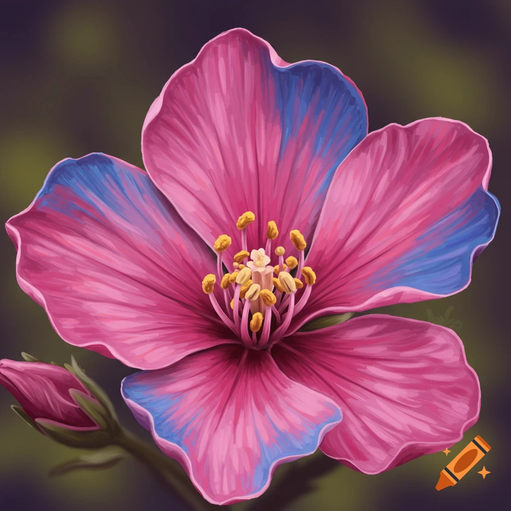 A close-up image of a pink and blue flower.