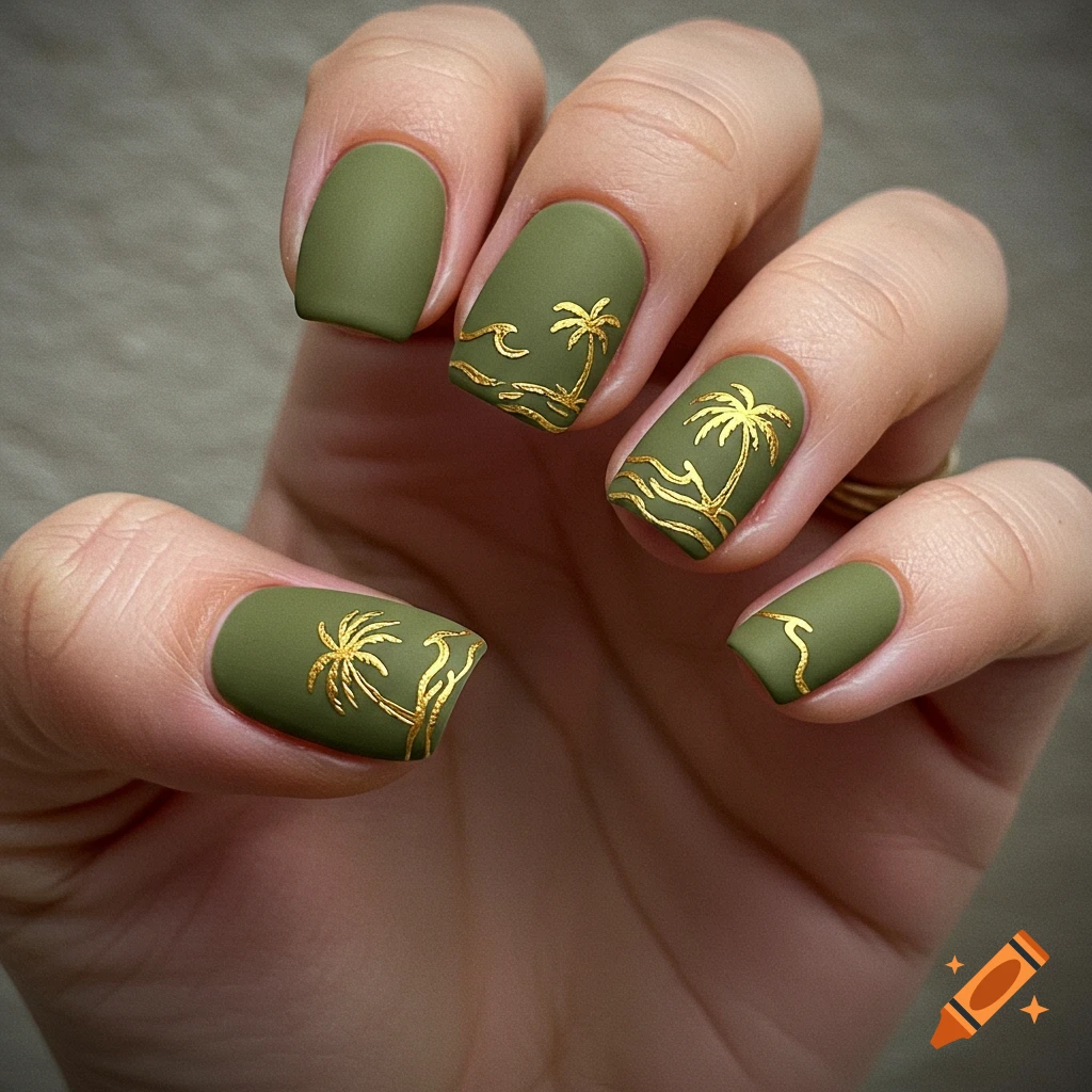 Close-up of olive green matte gel nails with gold palm tree and wave designs