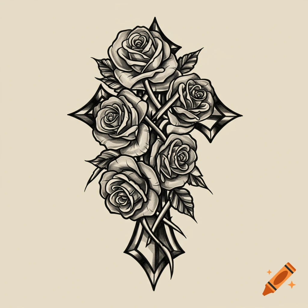 Black and grey tattoo stencil design of roses wrapped around a decorative cross.