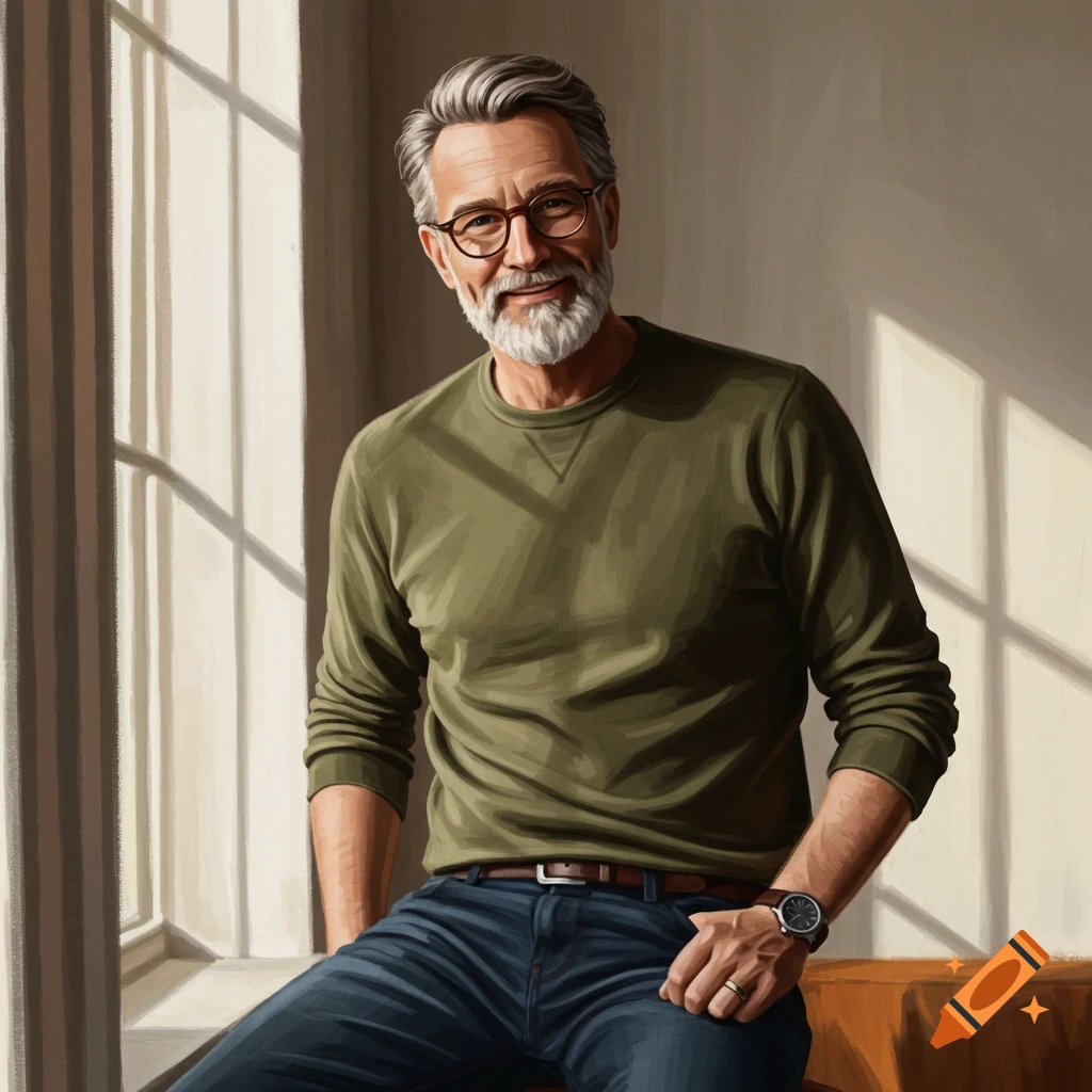 A man with grey hair and a beard wearing glasses and a green sweater sits by a window.