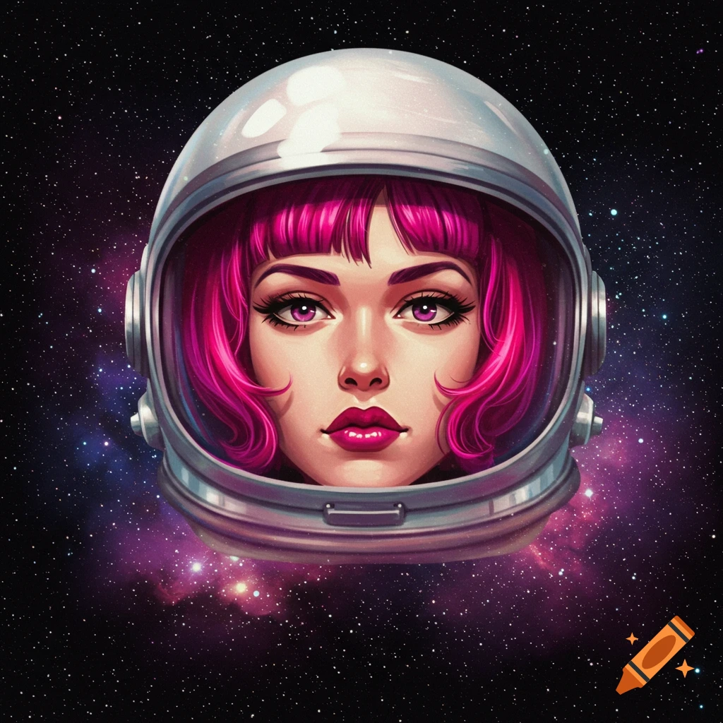 Stylized portrait of a woman with pink hair in a space helmet against a starry background.