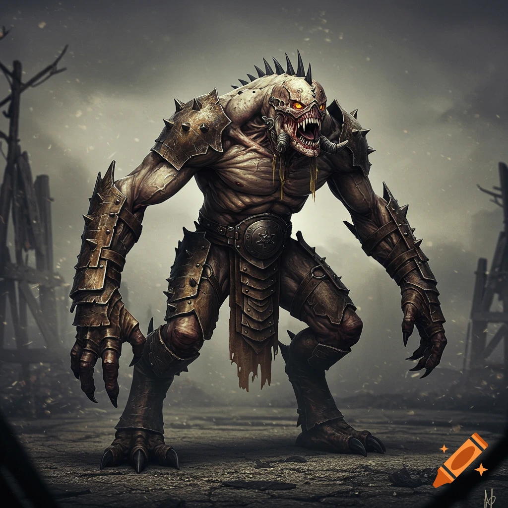 A fearsome monster in spiked armor stands in a desolate landscape.