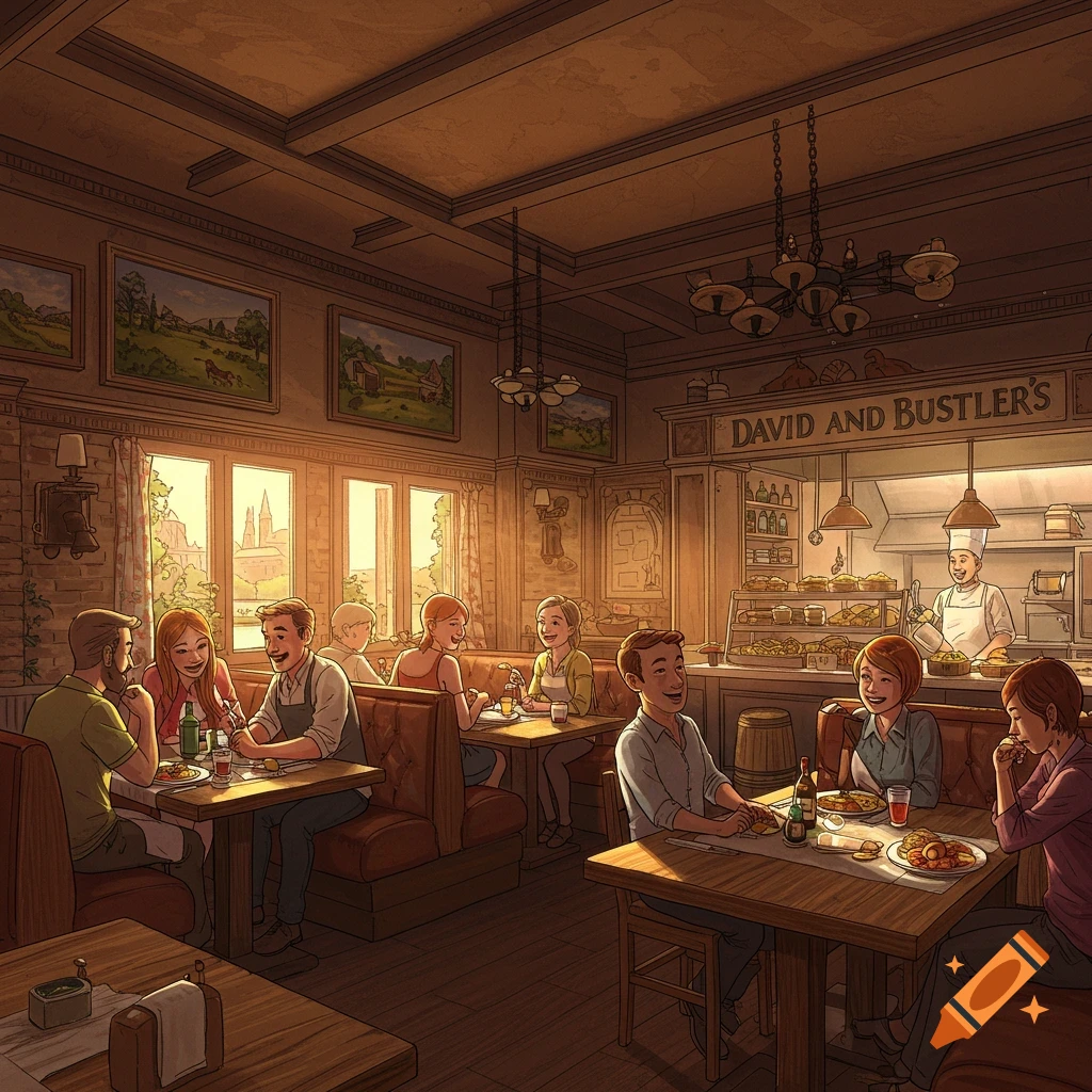 A warm, illustrated scene inside a busy restaurant, with people eating at tables and a chef preparing food behind the counter.