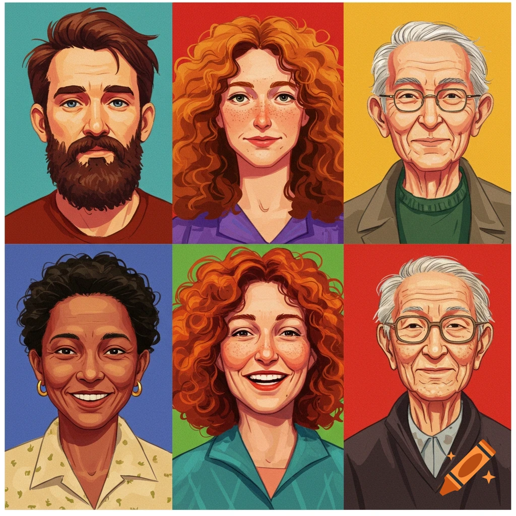 Grid of six stylized portraits showing diverse men and women with different hairstyles, ages, and skin tones.