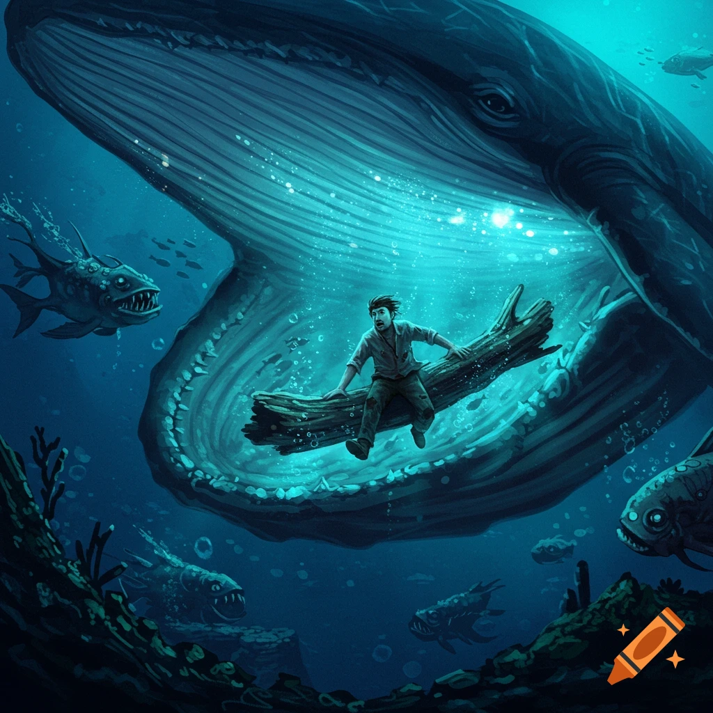 A man floats on a log near a whale's open mouth underwater, surrounded by strange fish. Stylized illustration.