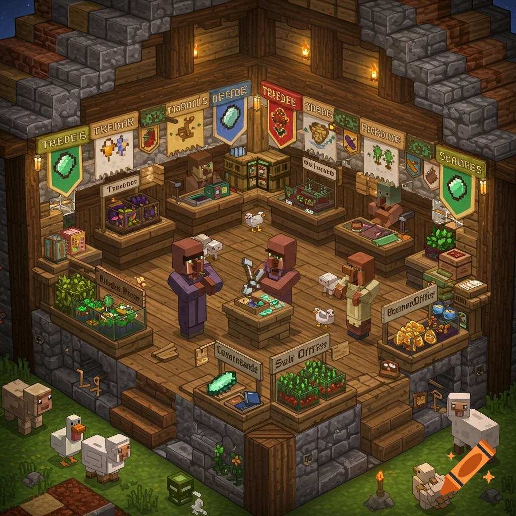 Isometric view of a Minecraft trading hall with villagers, animals, and stalls.