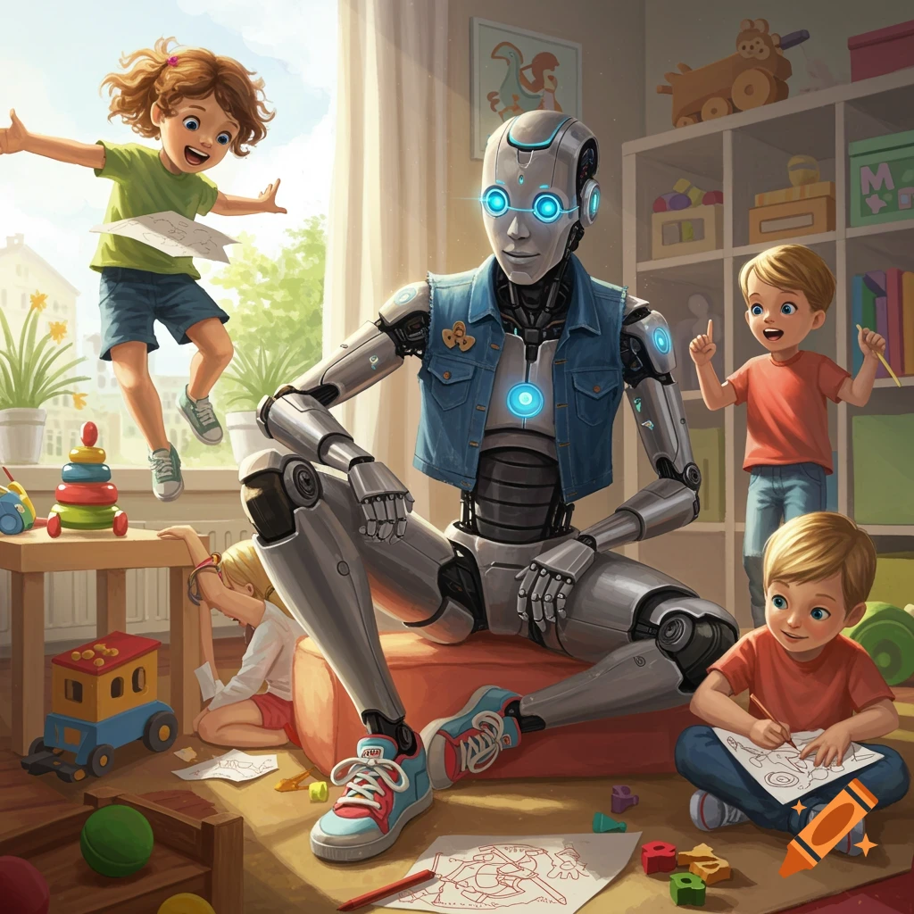 A humanoid robot sits on a cushion in a playroom with children drawing and playing around it.