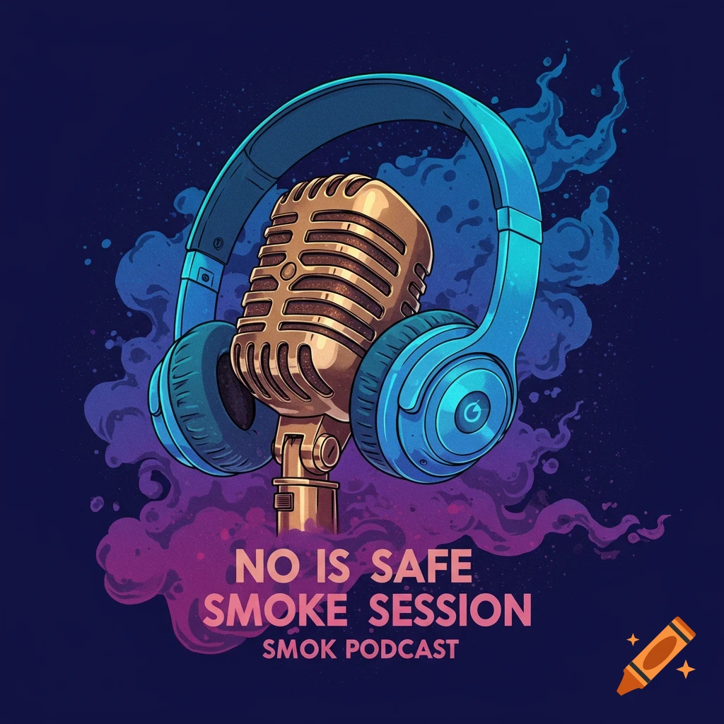 Illustrated logo with a gold microphone, blue headphones, stylized smoke, and text.