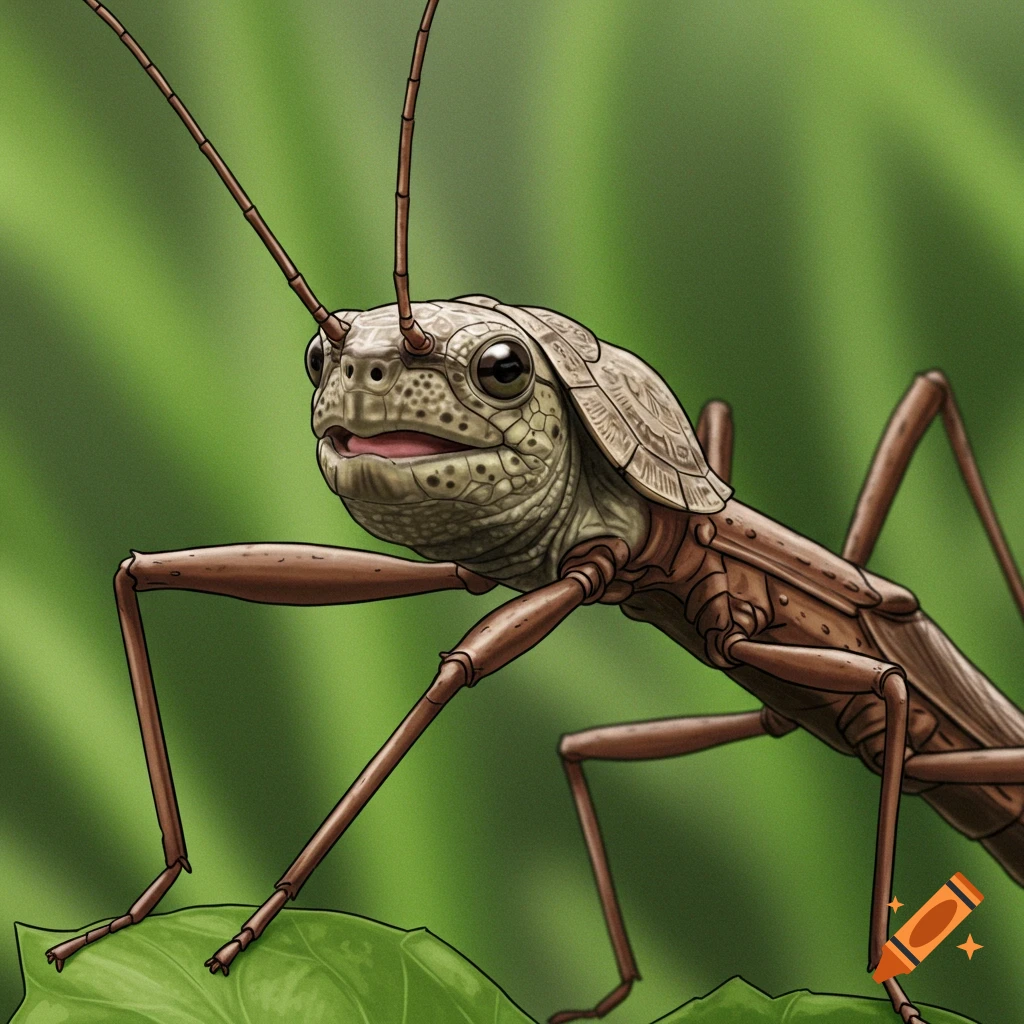 Illustration of a stick bug with a turtle face on a green leaf.