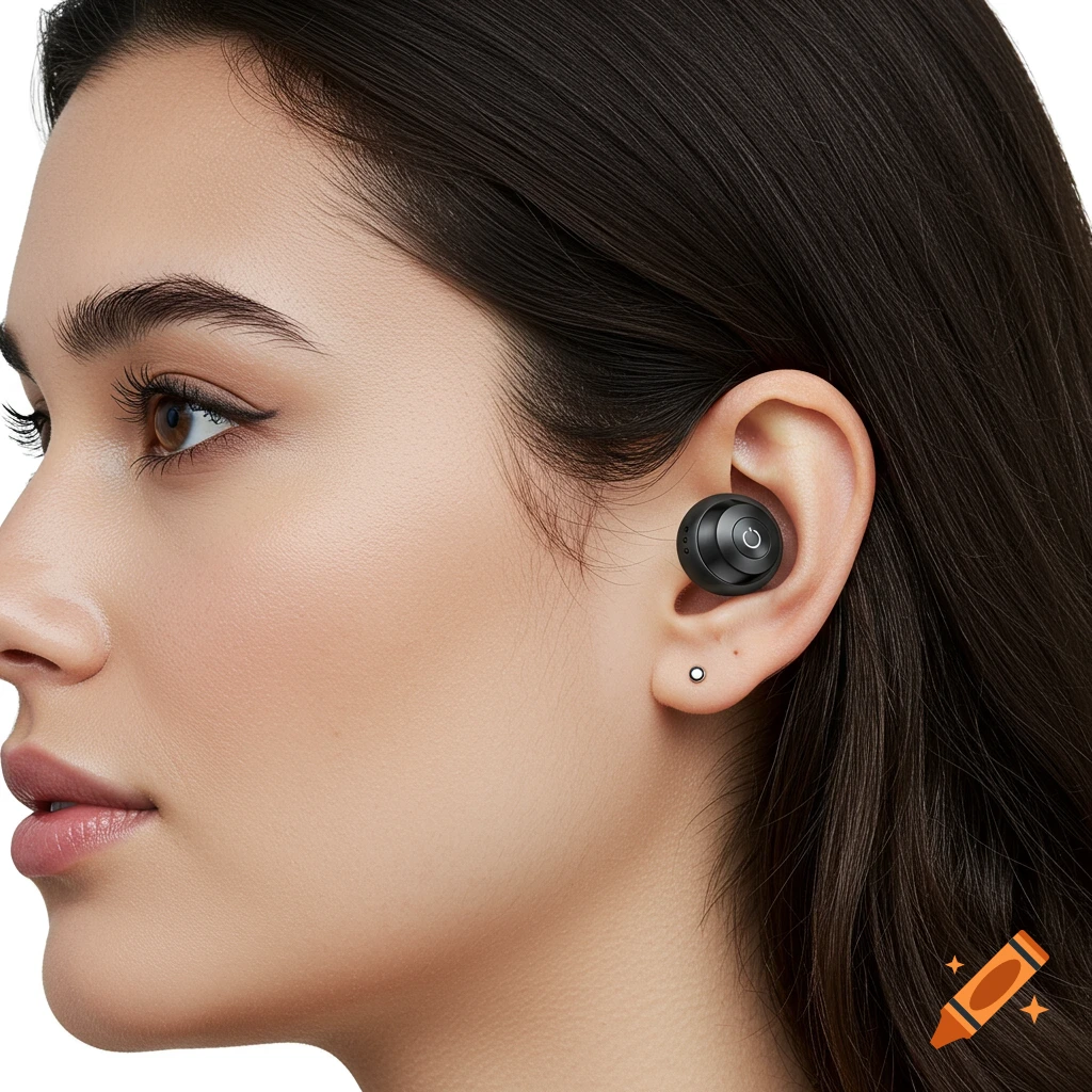 Close-up of a woman's ear wearing a black earbud