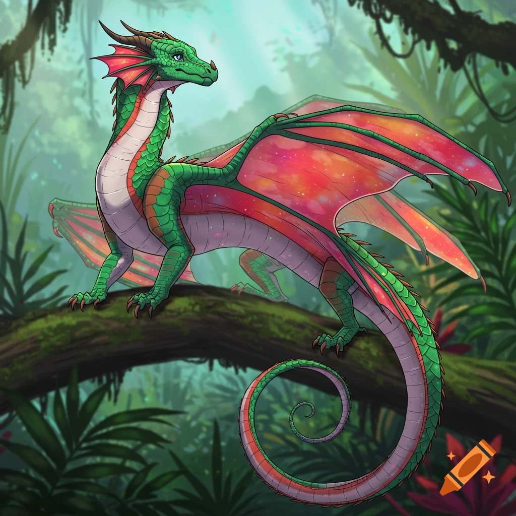 A green and red fantasy dragon sits on a tree branch in a lush jungle.