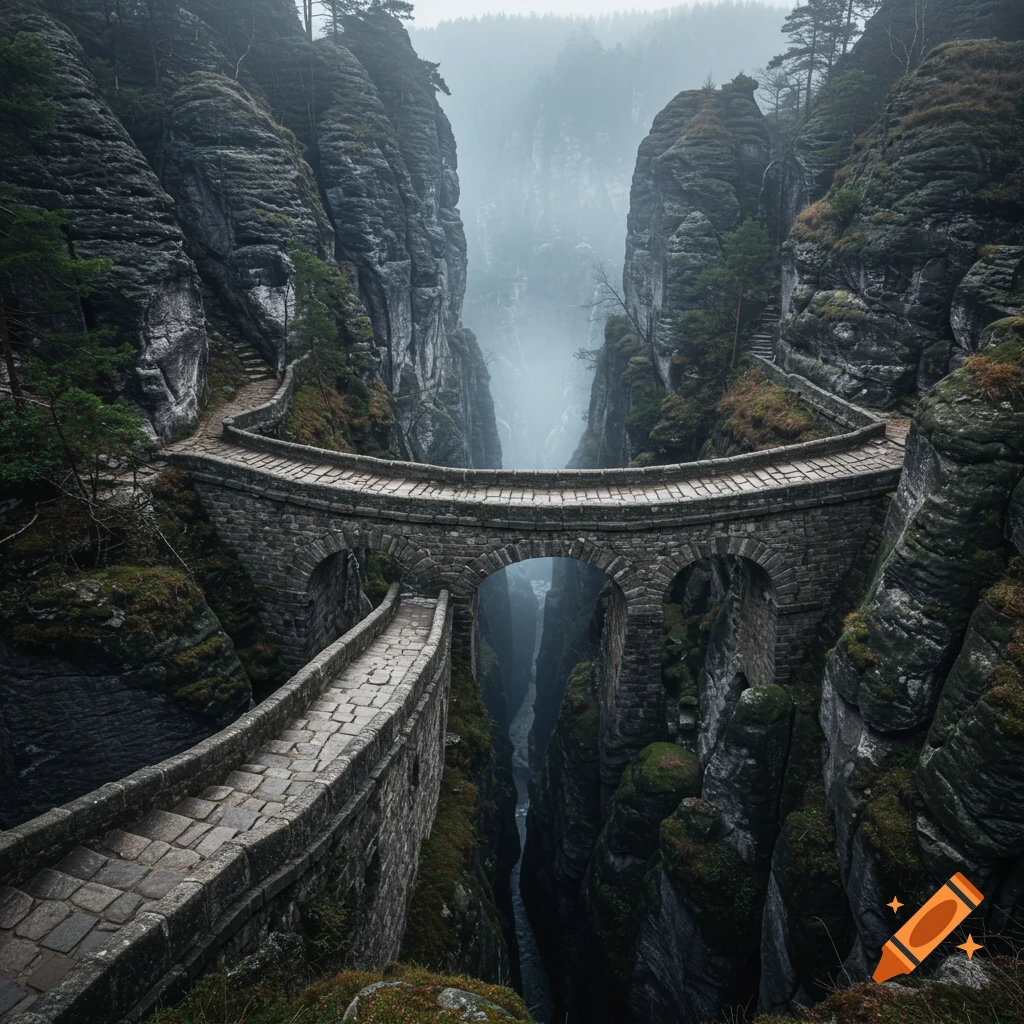 A stone bridge arches over a misty canyon between rocky mountains.