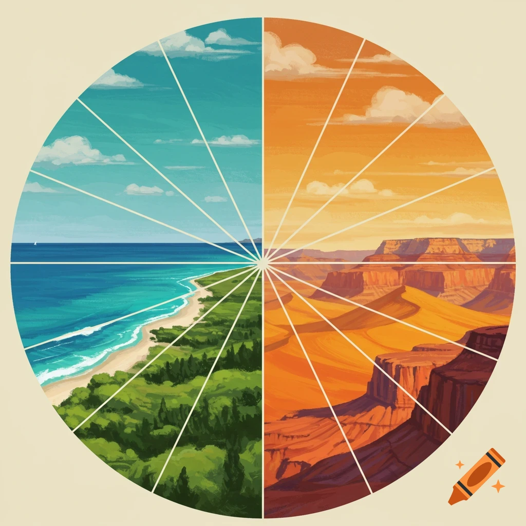 Circular illustration of a color wheel depicting diverse landscapes divided into segments: a beach with ocean, a forest, and a desert canyon.