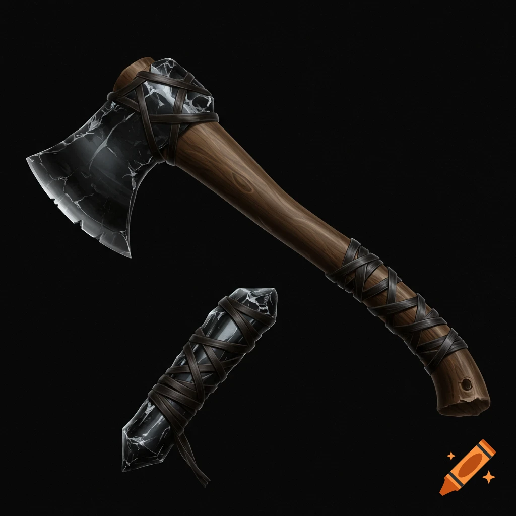 A detailed illustration of a fantasy axe and a shard of obsidian, both wrapped in leather, on a black background.