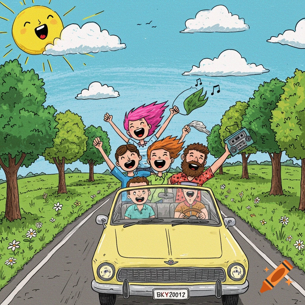Cartoon illustration of a group of happy people driving in a yellow convertible on a sunny country road.