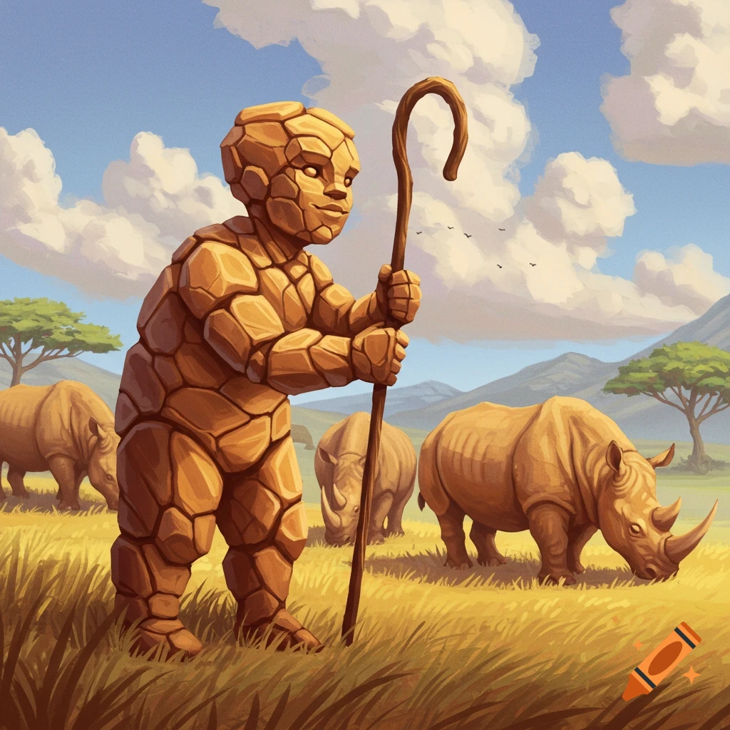 A humanoid figure made of stones leans on a shepherd crook in a grassland with rhinos grazing.
