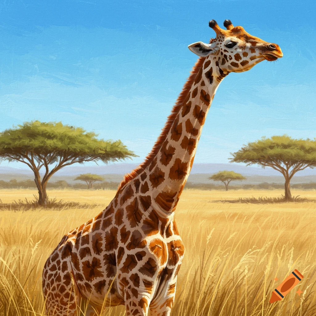 A giraffe stands in tall grass in a savanna landscape, illustrated in a painterly style.