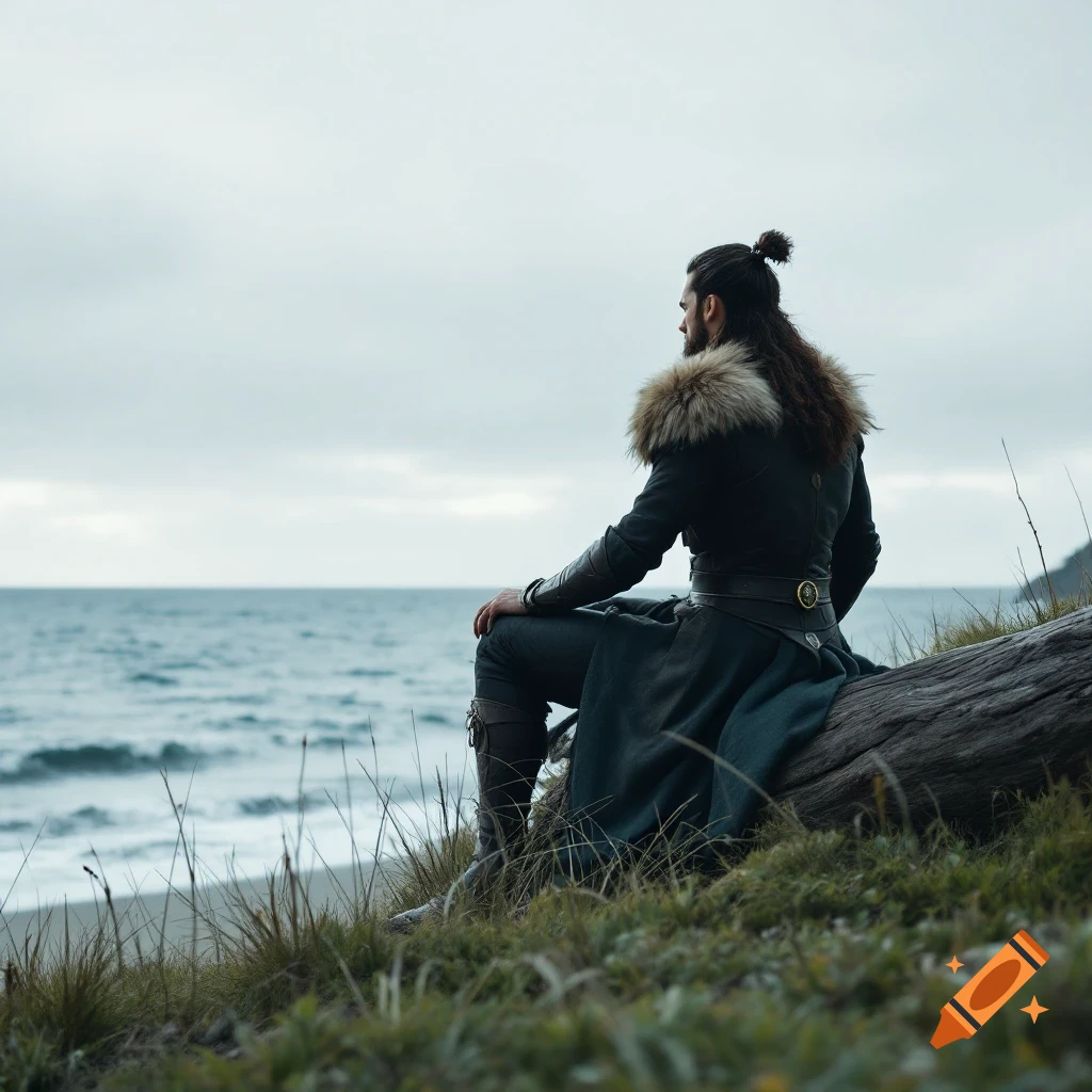 A man in fantasy attire sits on a log looking at the ocean.