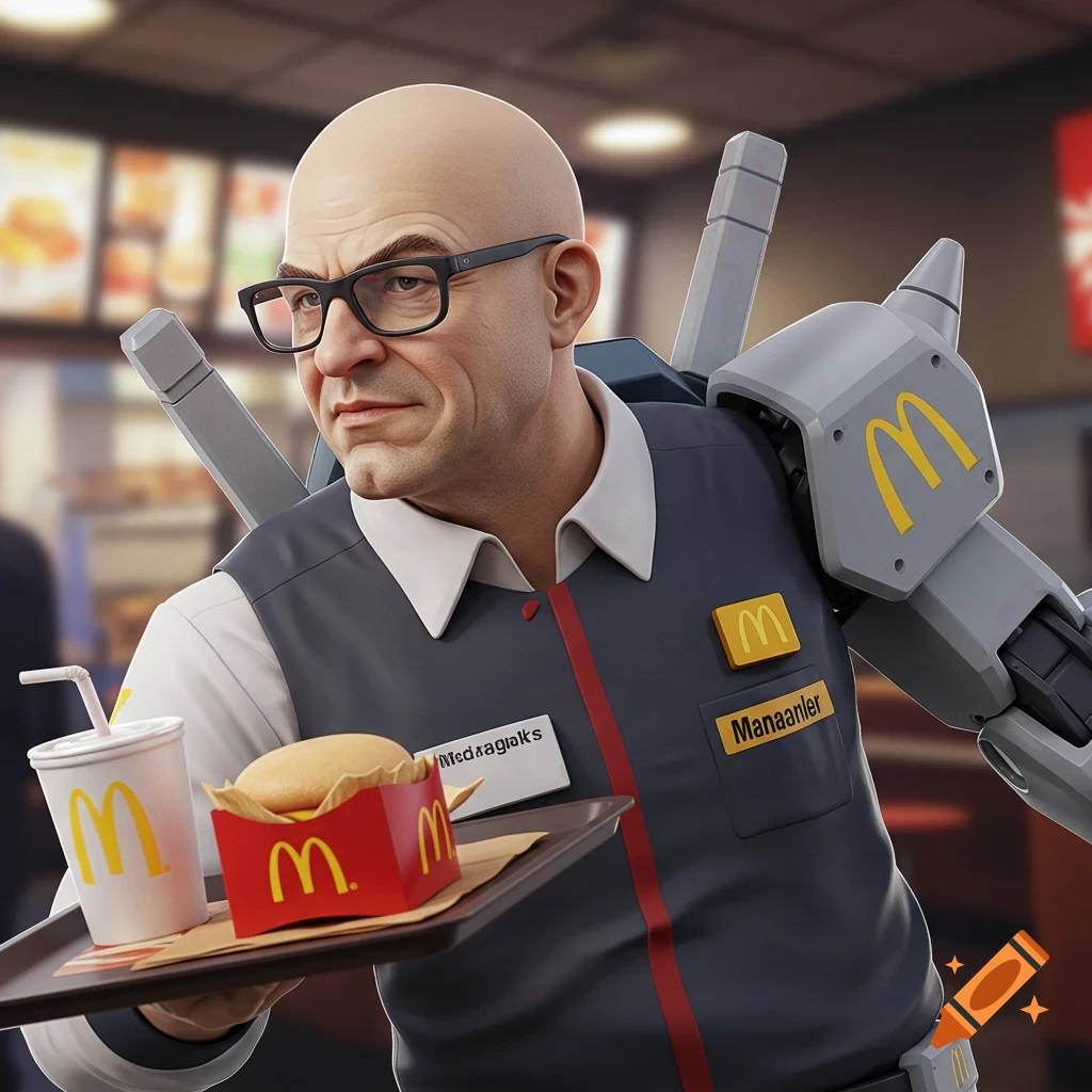 Detailed render of a bald man in glasses, McDonald's uniform with Gundam parts, holding a food tray.