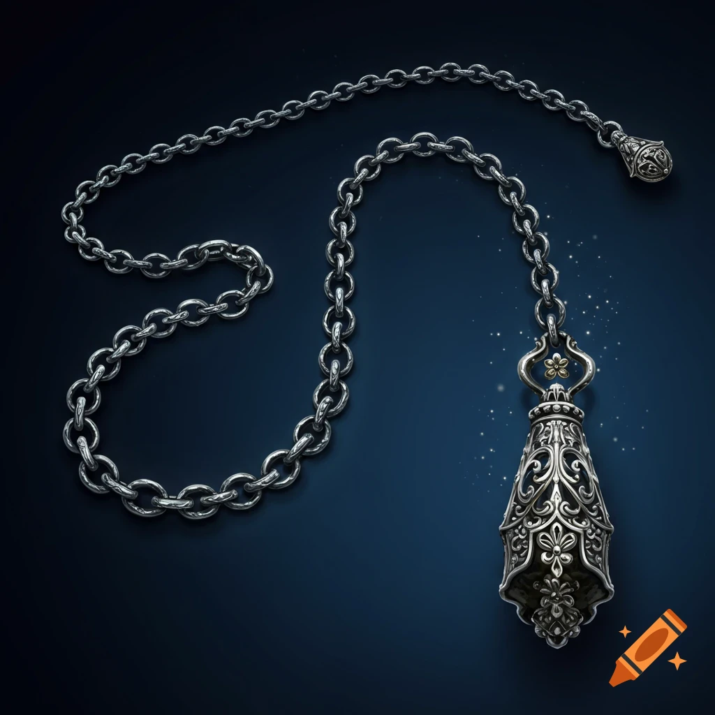 A silver chain with an ornate pendant on a dark background.