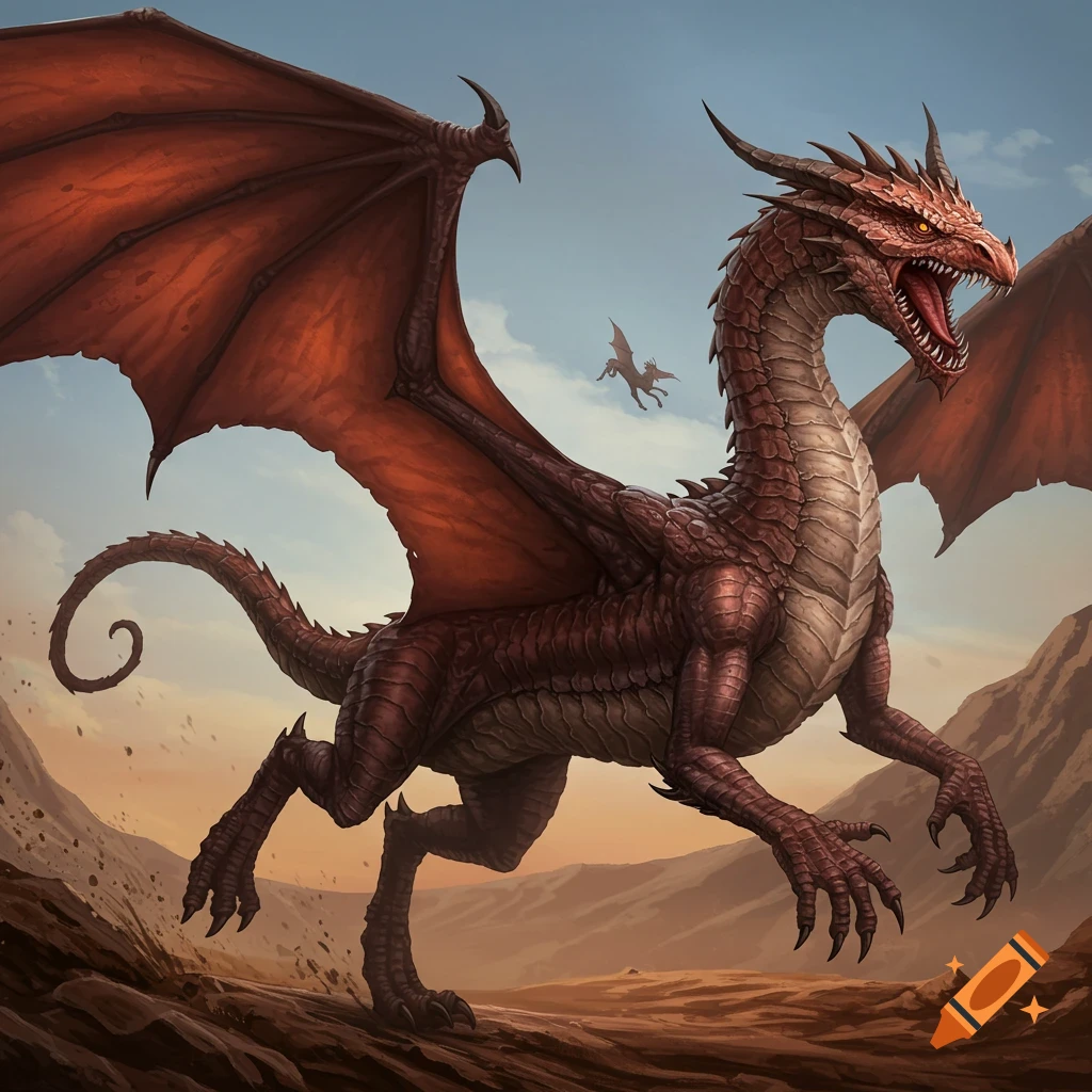 Large red dragon running across a rocky landscape with a smaller dragon flying in the distance.