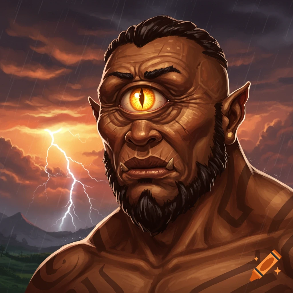 Detailed portrait of a cyclops against a stormy background with lightning, digital illustration style.