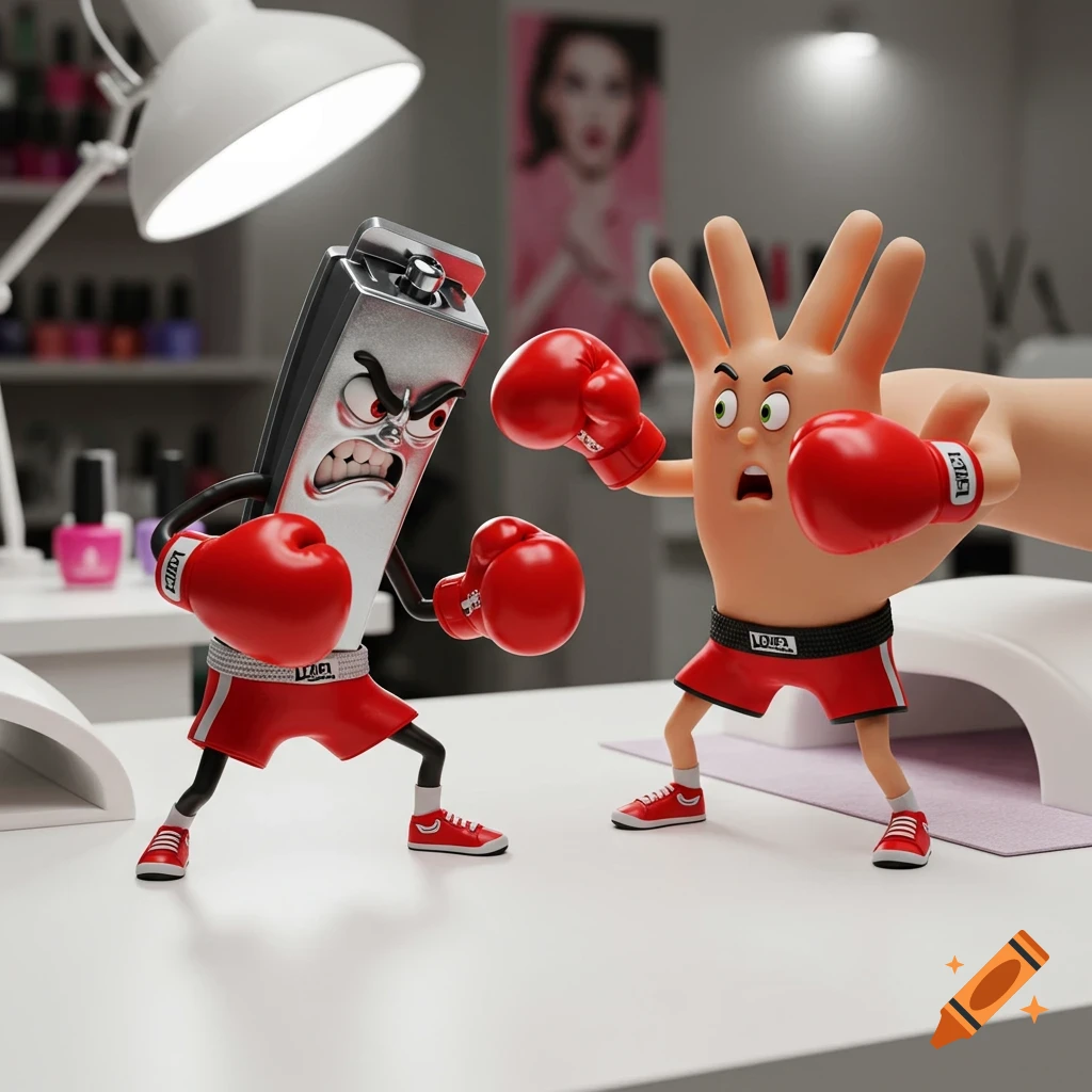 Cartoon nail clipper and hand characters in boxing gear fighting on a nail salon table.