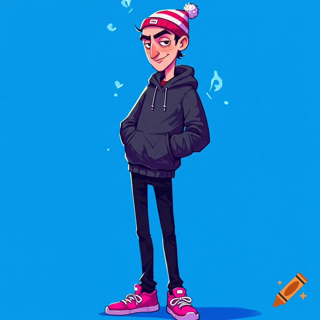 Cartoon illustration of a young man in a dark hoodie and striped beanie, standing with hands in pockets on a blue background.