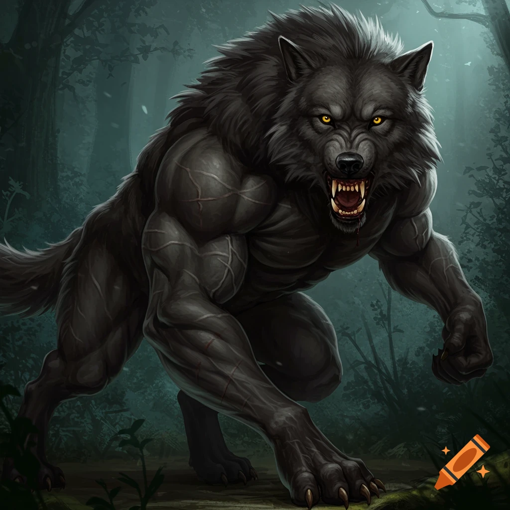 A muscular werewolf creature crouches in a dark forest, baring fangs and glowing yellow eyes.