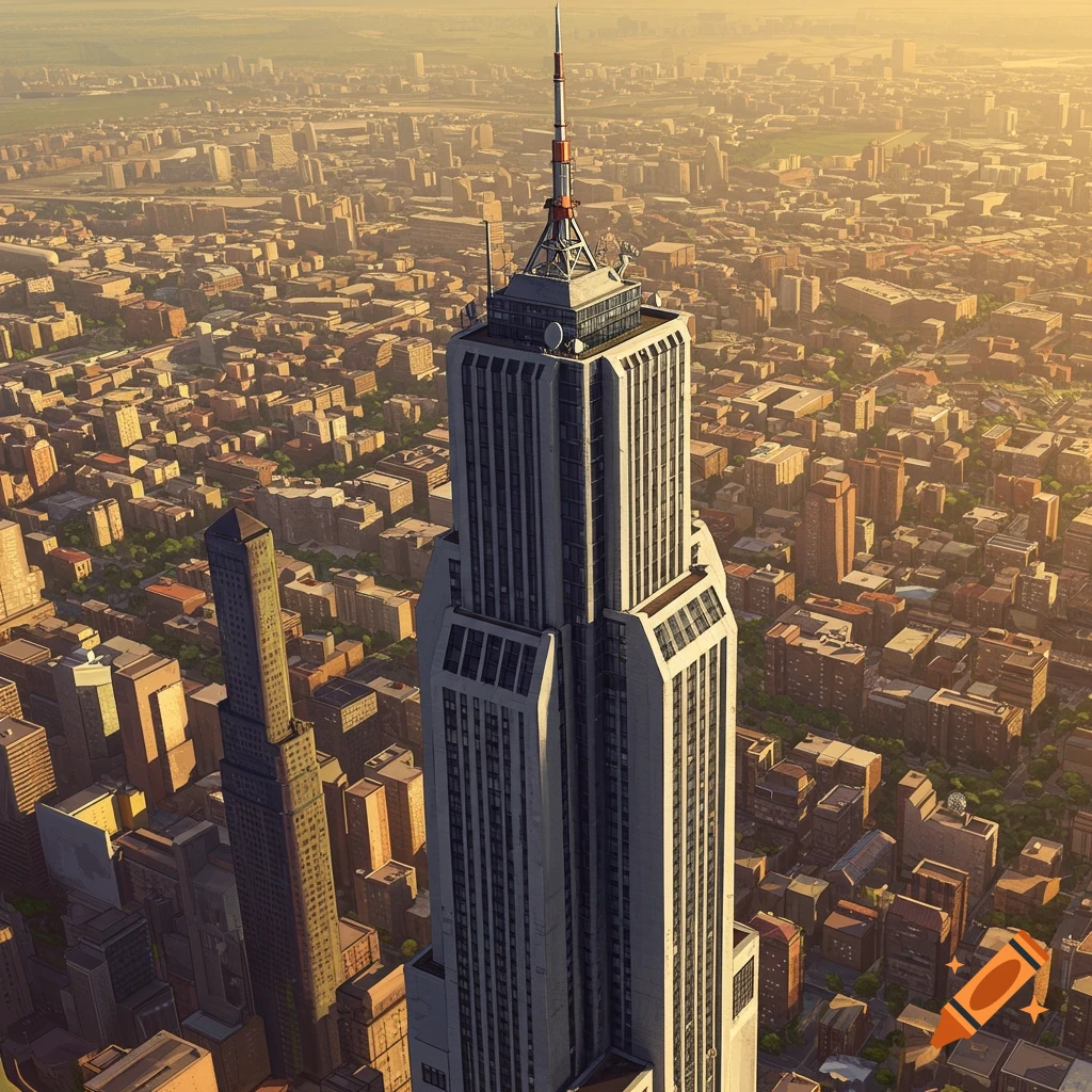 Aerial view of a large skyscraper towering over a city skyline bathed in golden sunlight.