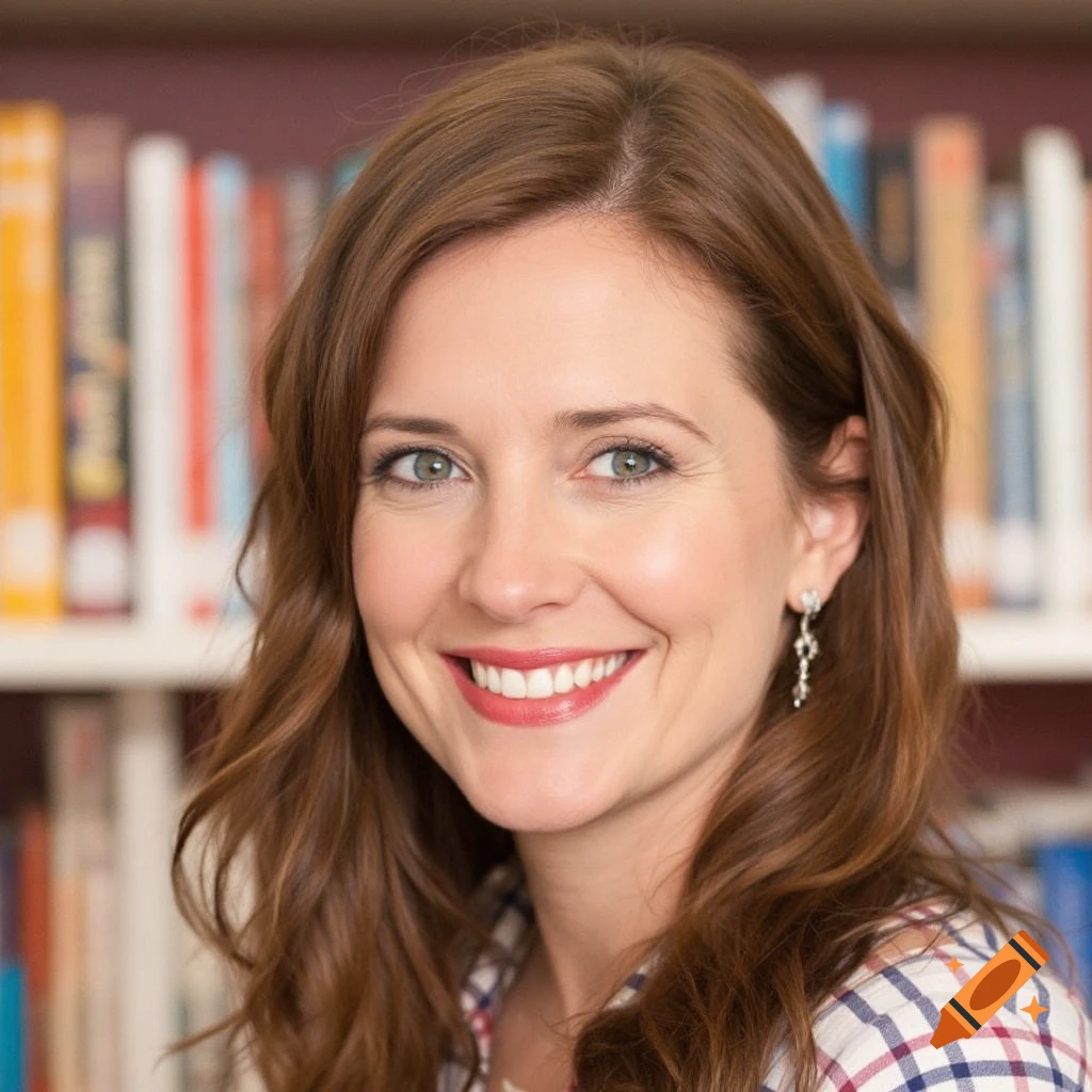 A smiling woman in a plaid shirt stands in front of a bookshelf.