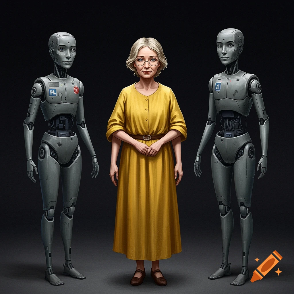 A woman in a yellow dress stands between two grey robots against a dark background.