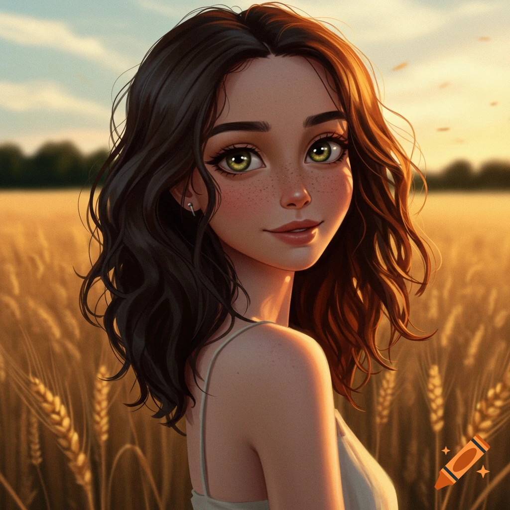 A stylized portrait of a young woman with green eyes and freckles in a sunlit wheat field.