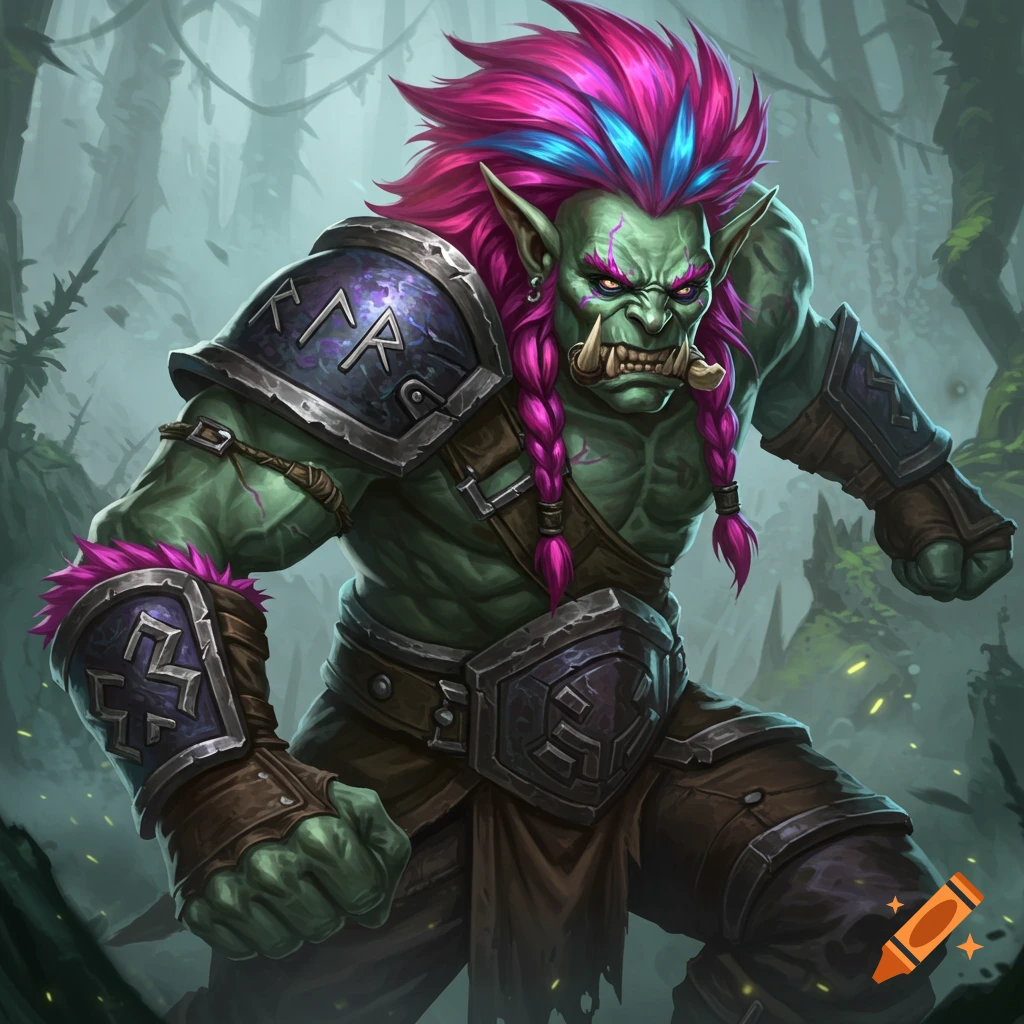 A green-skinned fantasy creature with pink and blue hair and armor stands in a forest.