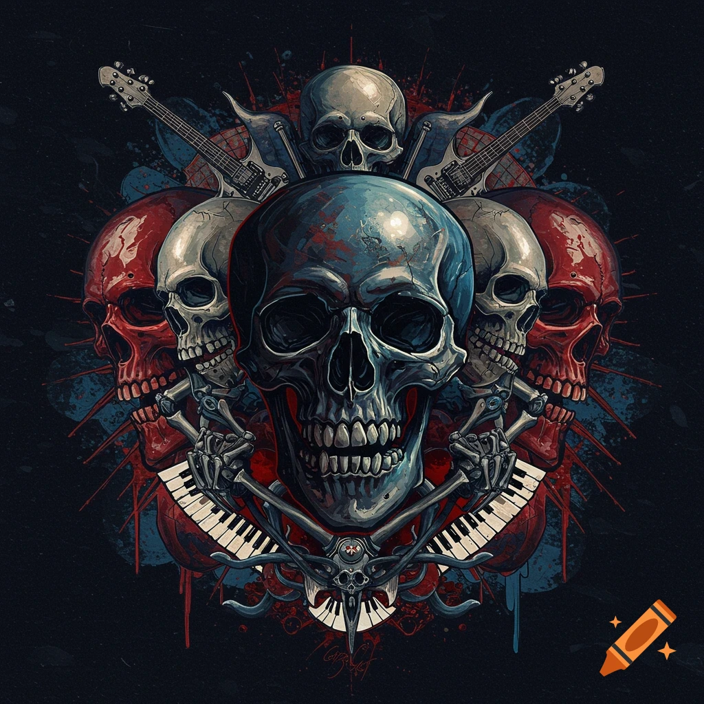 Artistic composition of skulls, guitars, keyboard, and bones on a dark background