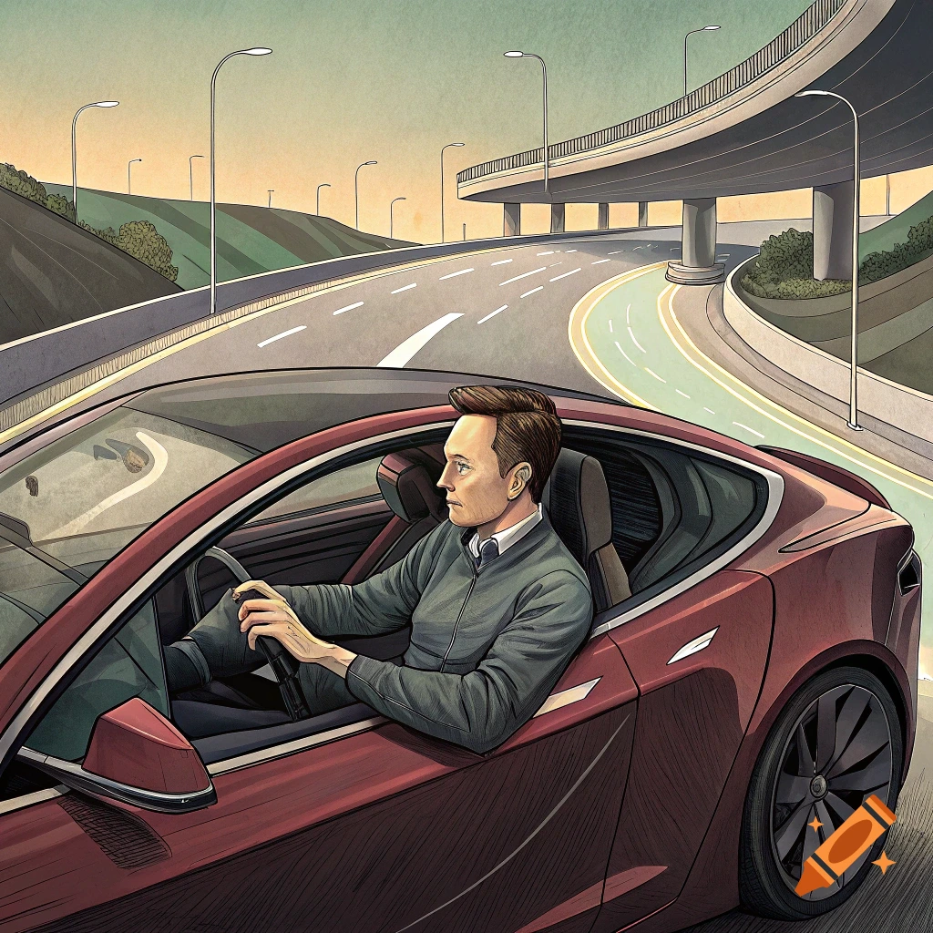 An illustration of a man driving a red sports car on a highway with an overpass in the background.