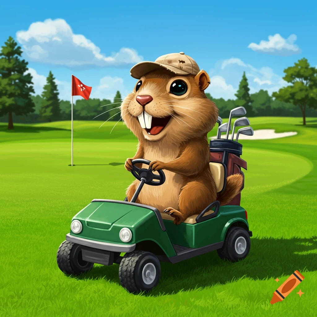 A cartoon gopher in a cap drives a golf cart on a golf course.