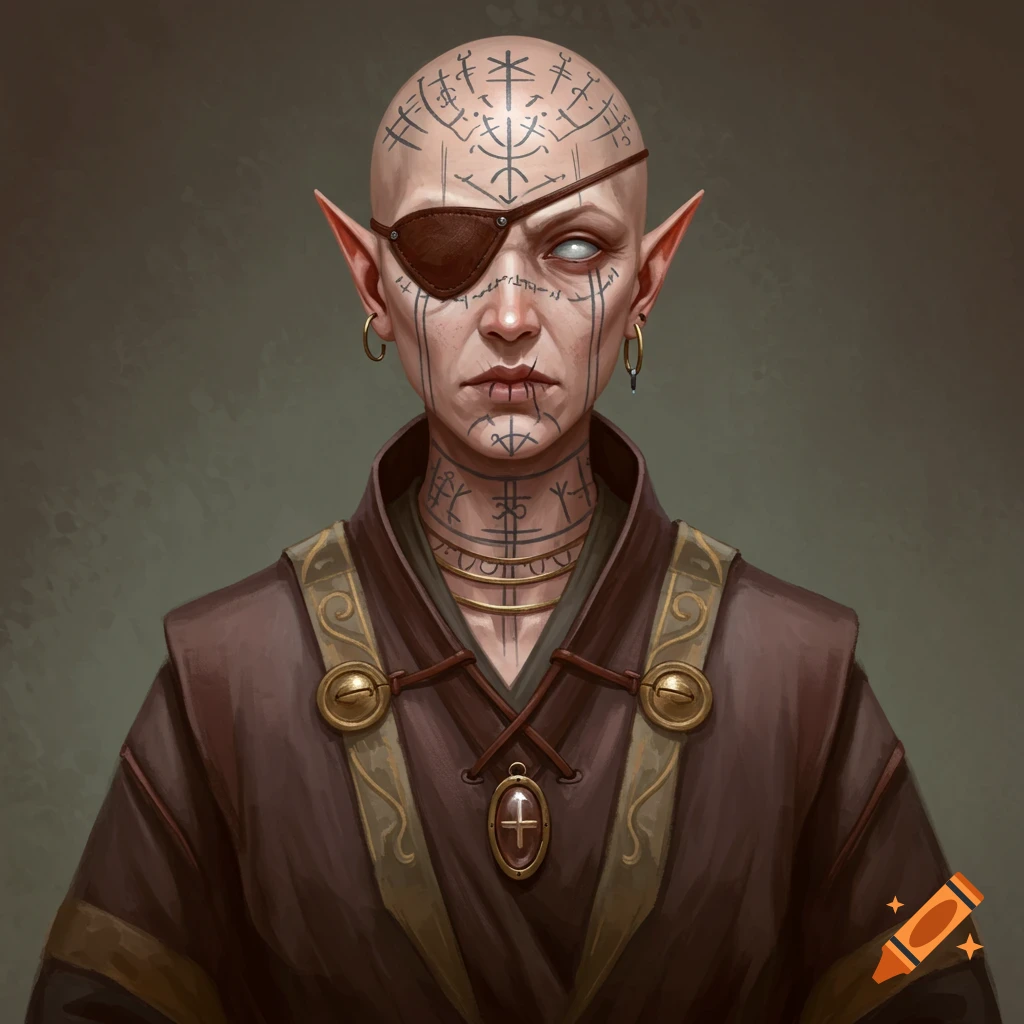 Portrait of a bald elf priestess with face and neck tattoos, wearing an eye patch, brown robe, and amulet.