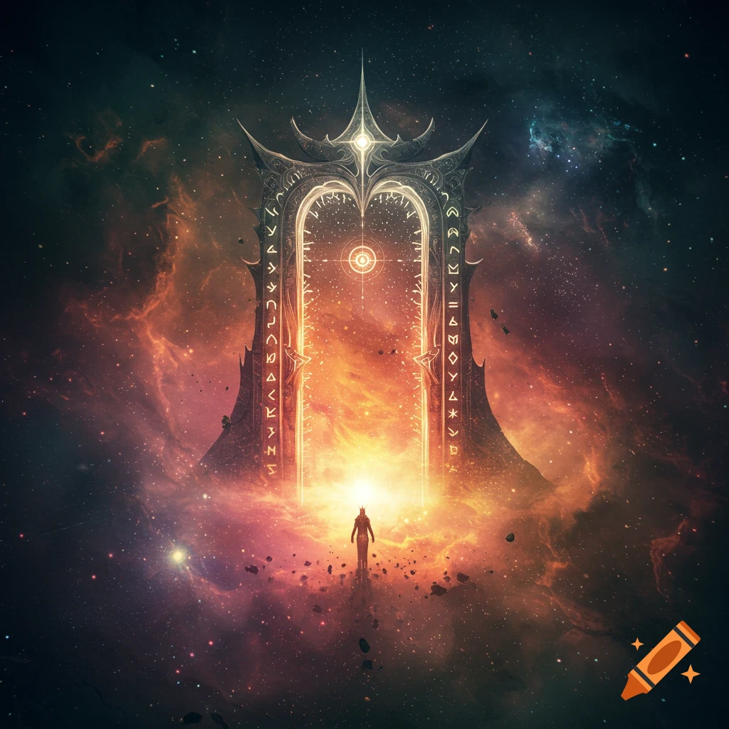 Lone figure approaches a massive ornate glowing gateway in the cosmos.