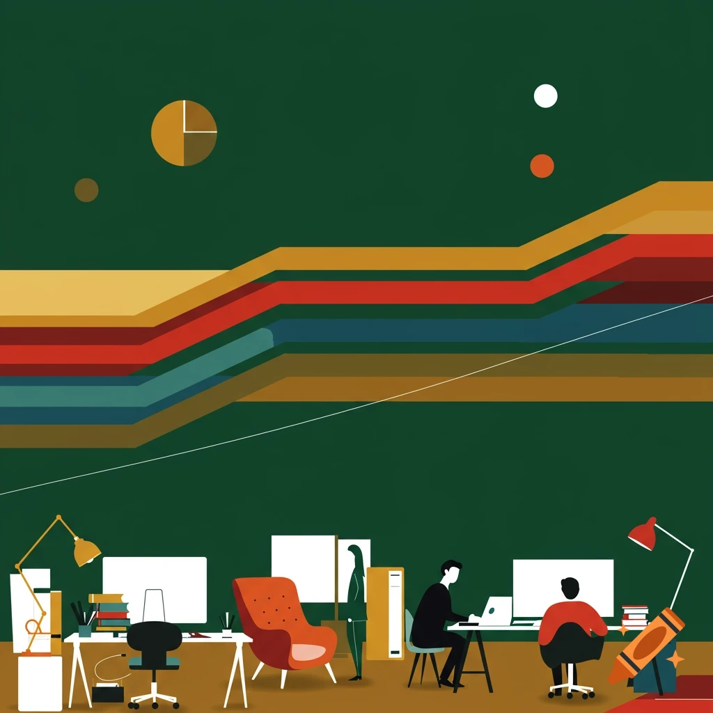 Minimalist illustration of an office scene with people working beneath abstract colorful data lines.