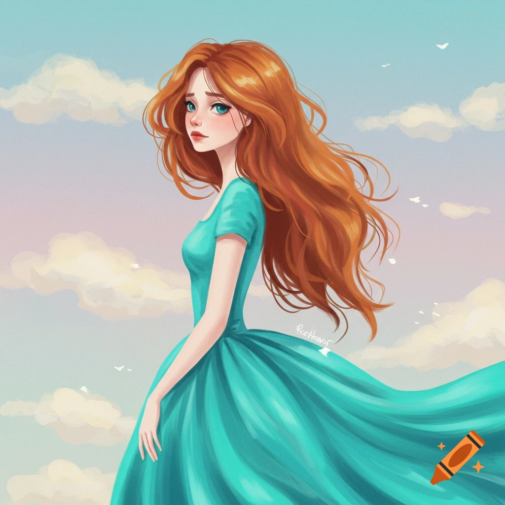 Illustration of a woman with long red hair and teal dress against a cloudy sky.