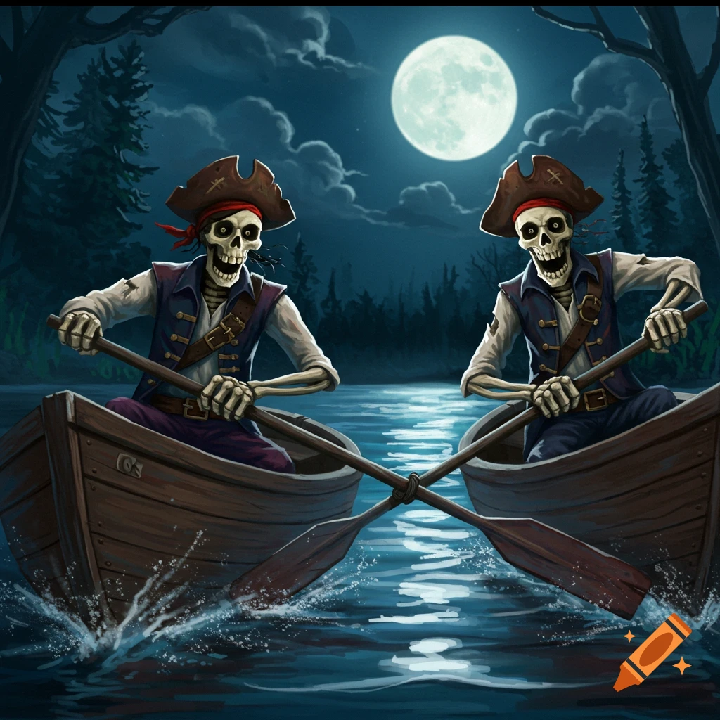 Two skeleton pirates row a boat across water at night under a full moon.