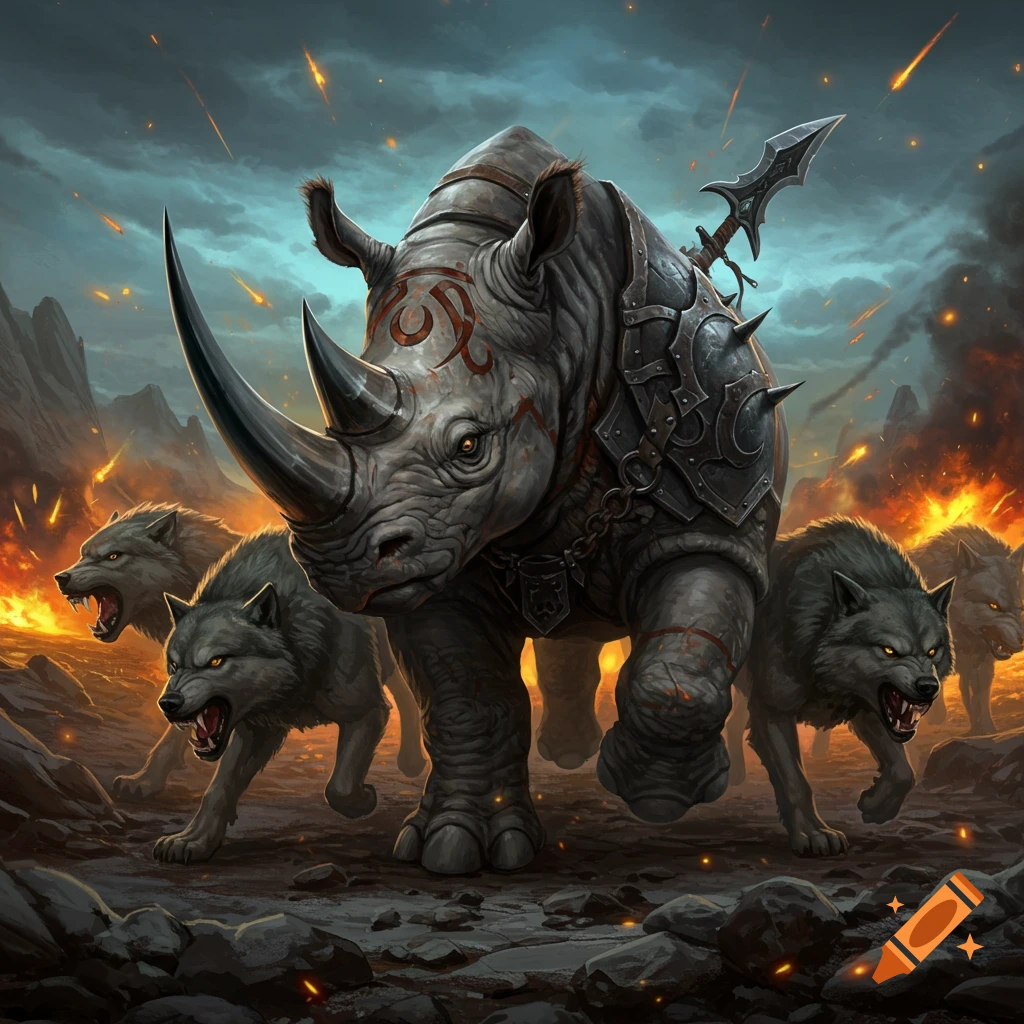 An armored rhino leads a pack of wolves through a fiery battle scene.