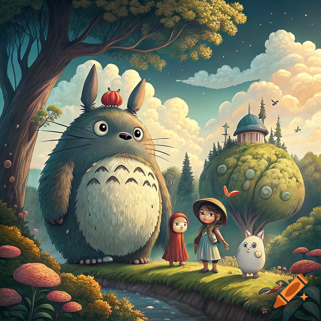 Illustrative art of Totoro and two children standing by a stream in a magical forest.