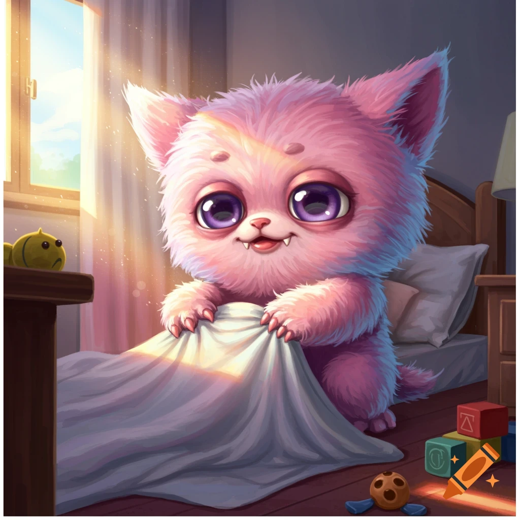 A cute, fluffy pink creature with large purple eyes tugs at a bedsheet in a sunlit bedroom with toys.