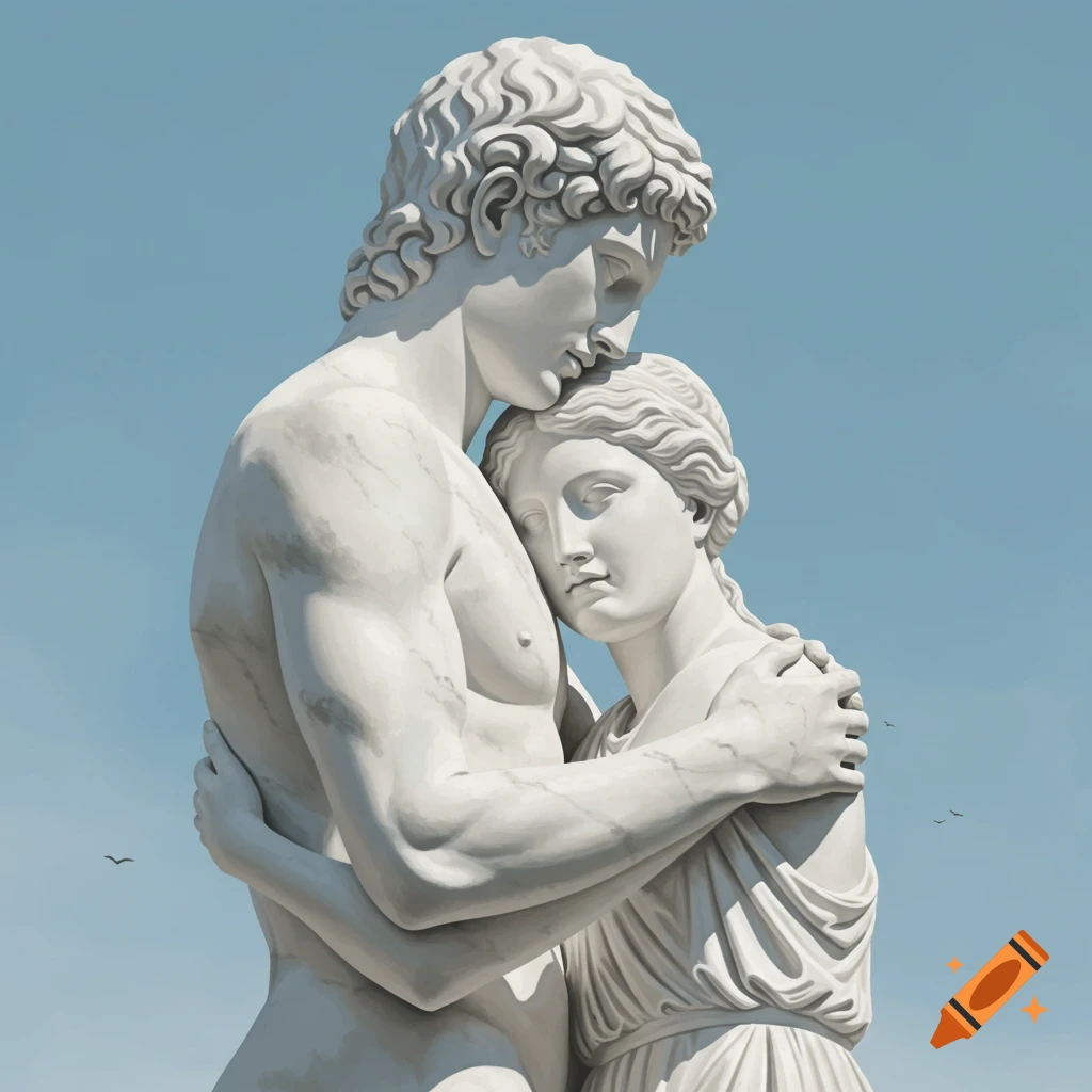 White marble statue of a man and woman hugging.